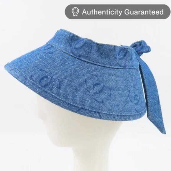Authentic CHANEL CC Denim Hat Sun Visor Ribbon Tie Wide Brim Bucket Cap Vintage - Picture 1 of 10
